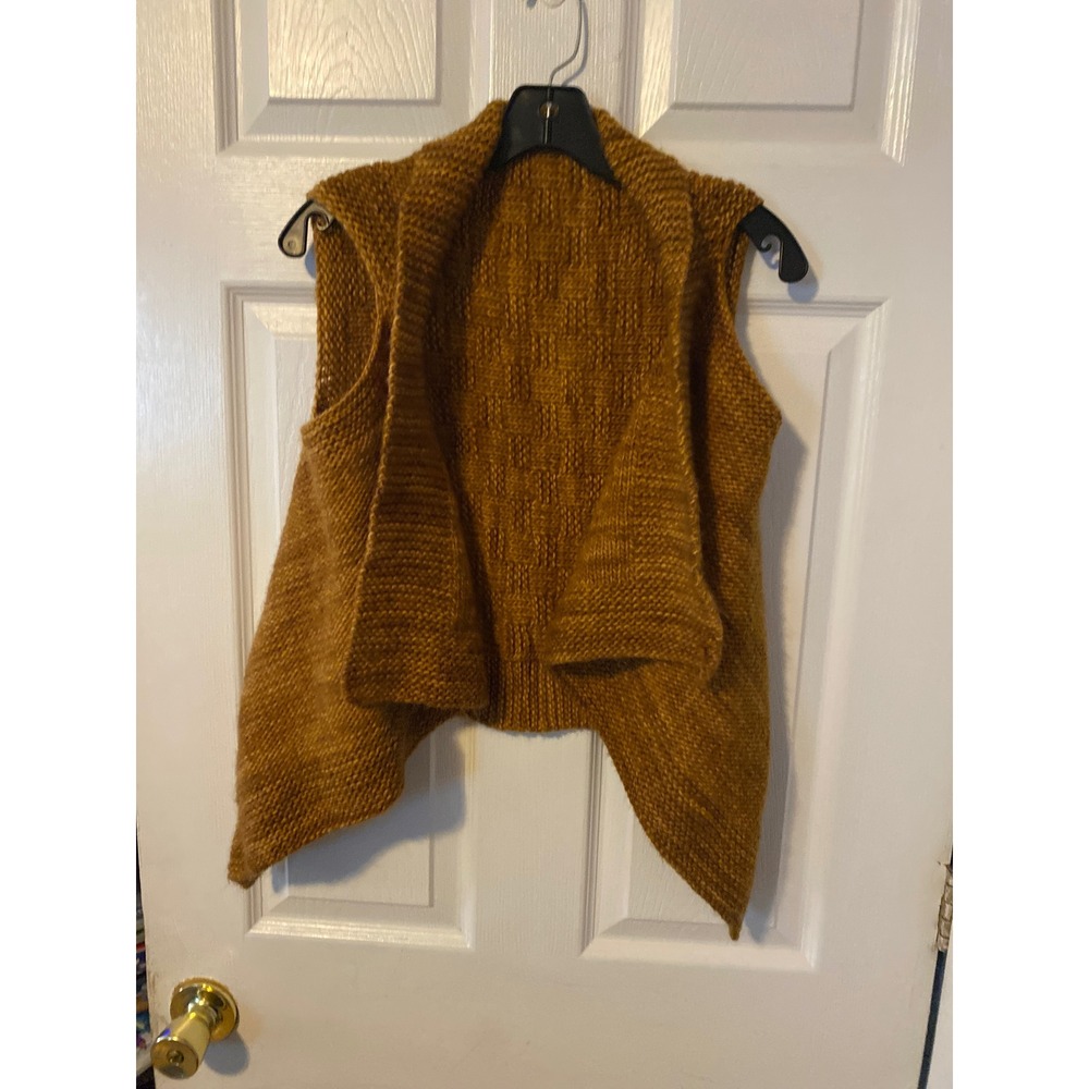 Handmade Chunky Knit Vest Mustard Yellow Draped Open Front Basketweave Boho L